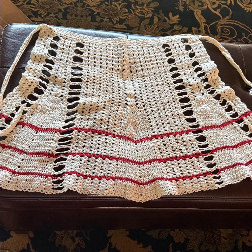Handmade Crocheted Apron with Red Stripes